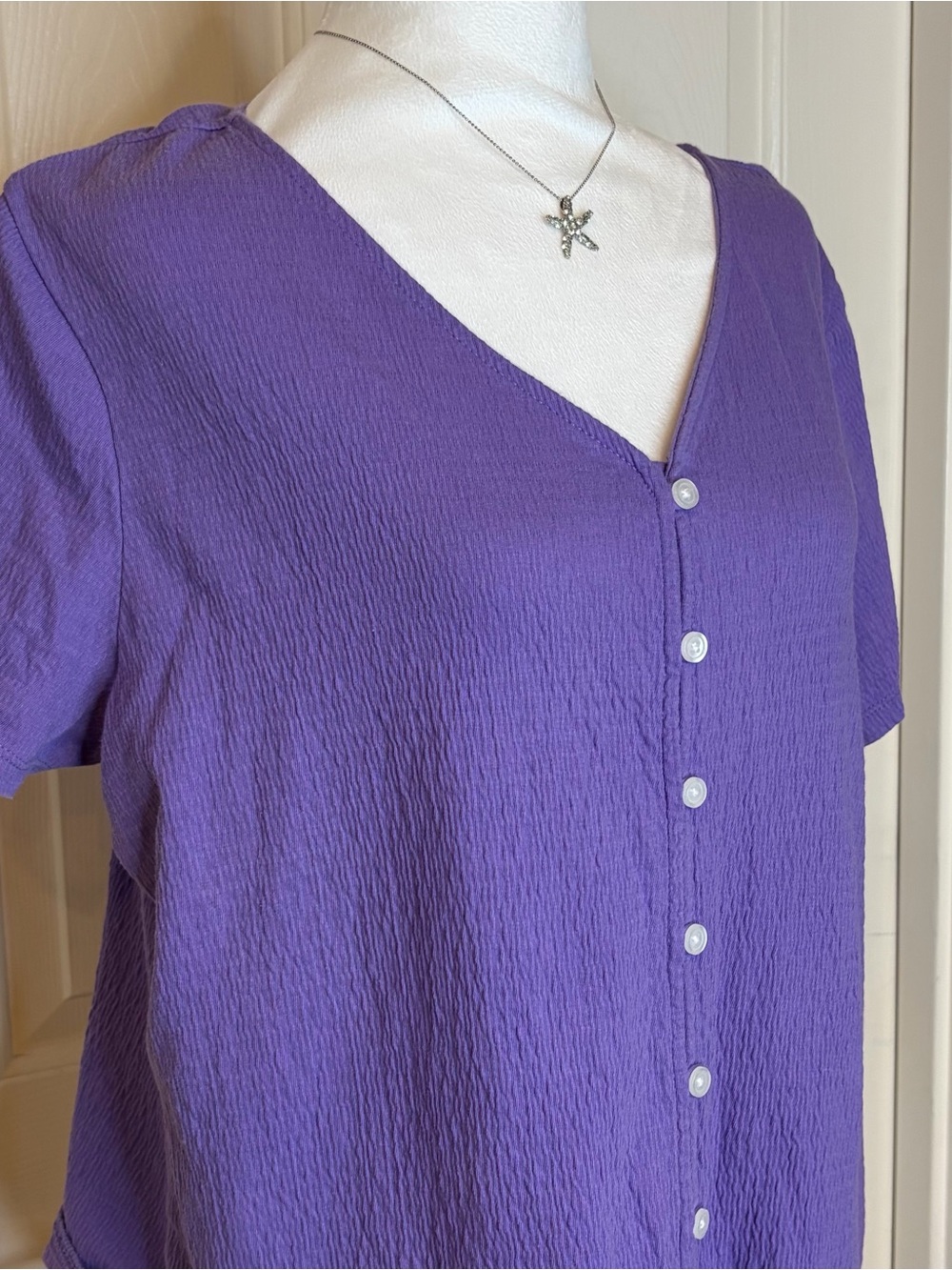 Talbots Purple Short-Sleeve Button Front Tie Hem Top - Picture 2 of 7